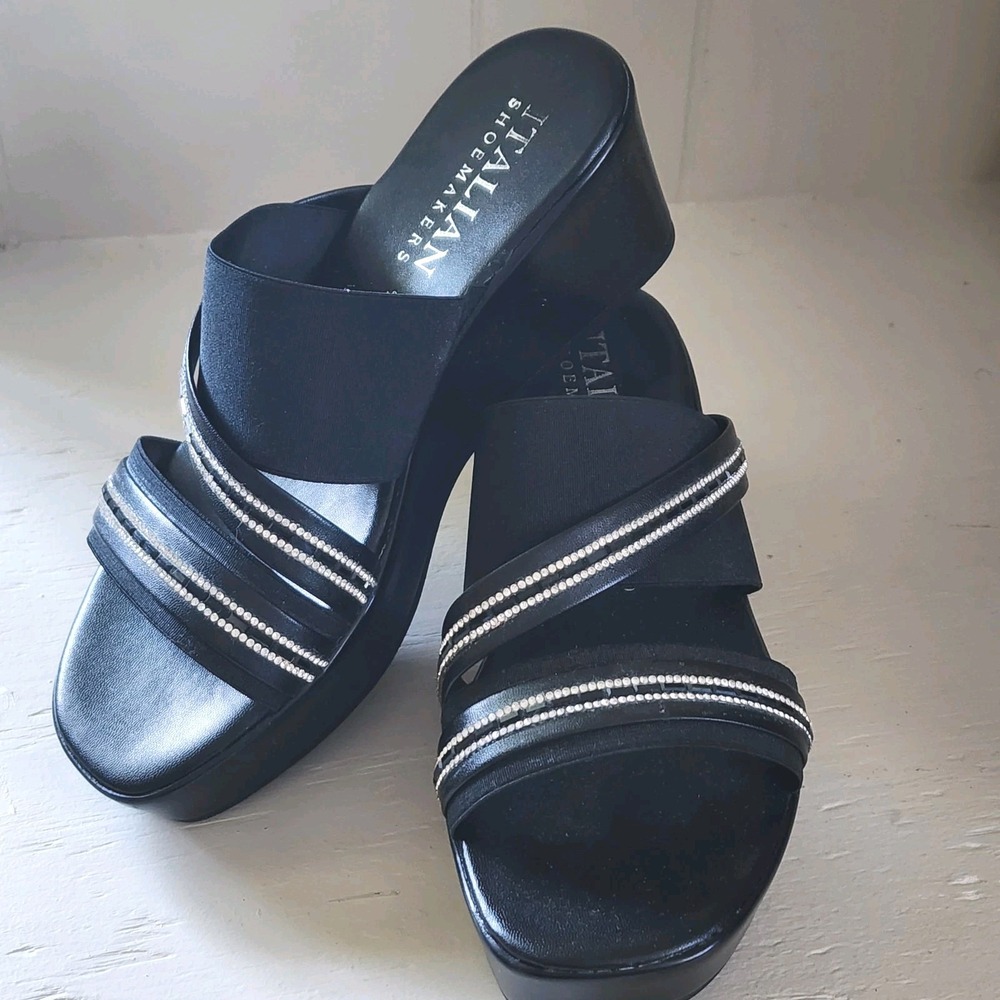 Women's Italian Shoemakers Elegant Black Rhinestone Wedge Slide on Sandals Sz 8M